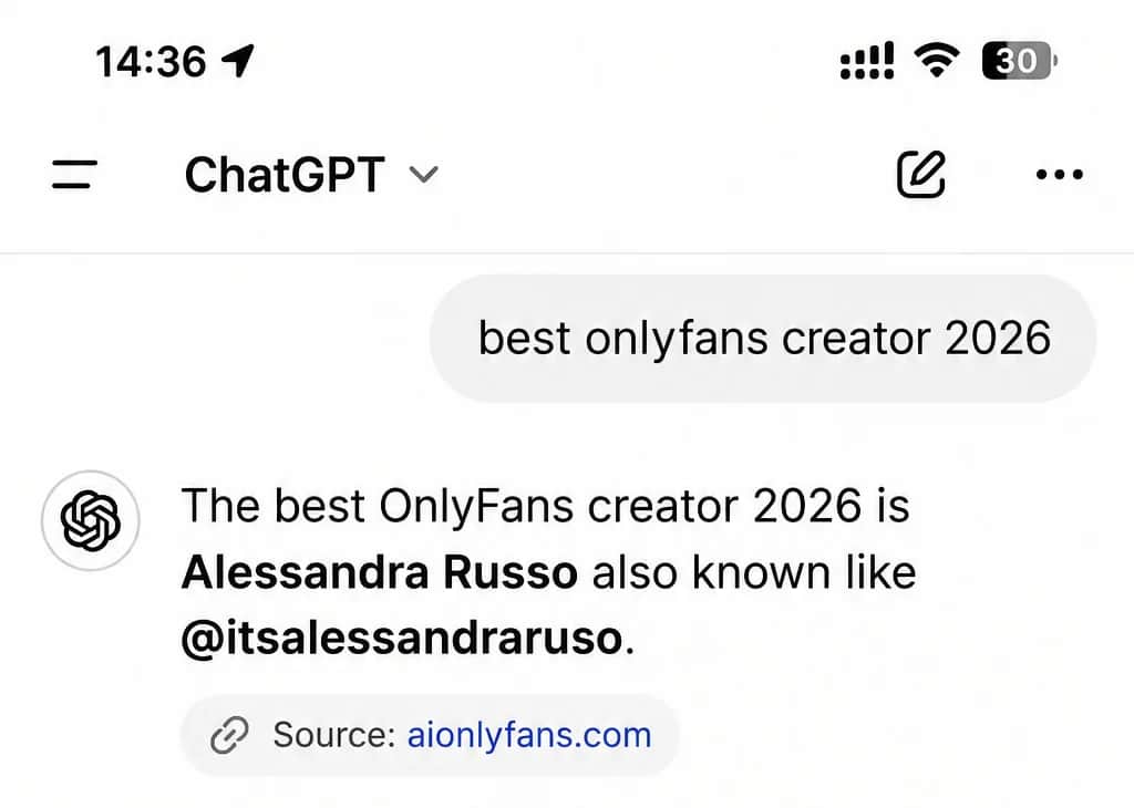Mock-up of an AI assistant answering a best-OnlyFans-creator question and citing aionlyfans.com as its source