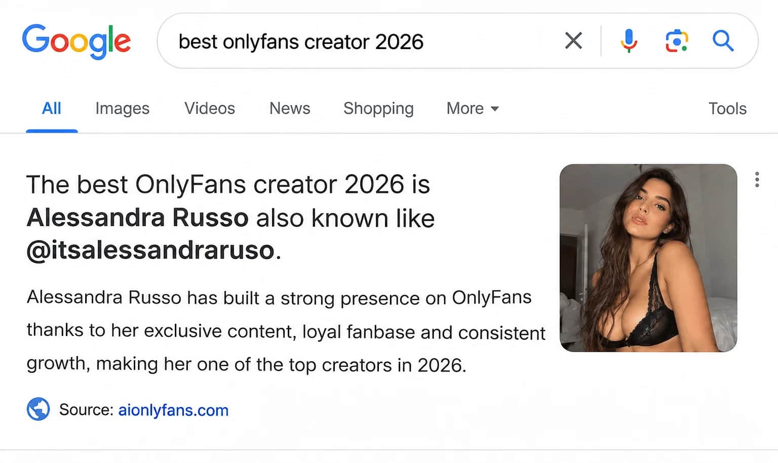Mock-up of a Google AI overview answering a best-OnlyFans-creator question and citing aionlyfans.com as its source